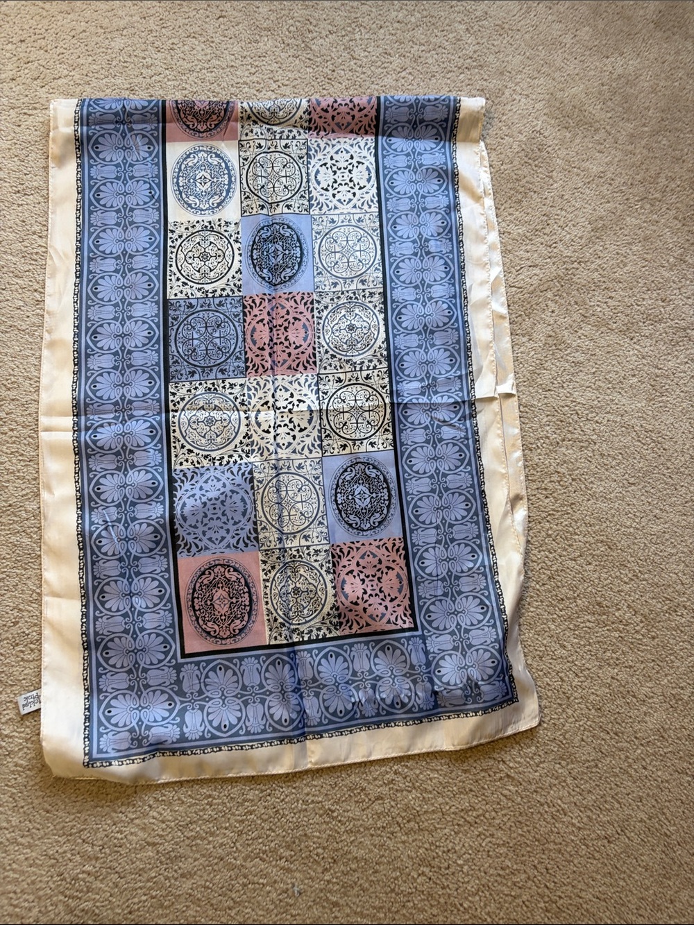 Tickled Pink Silky Feel Scarf in Blue, Cream and Pink